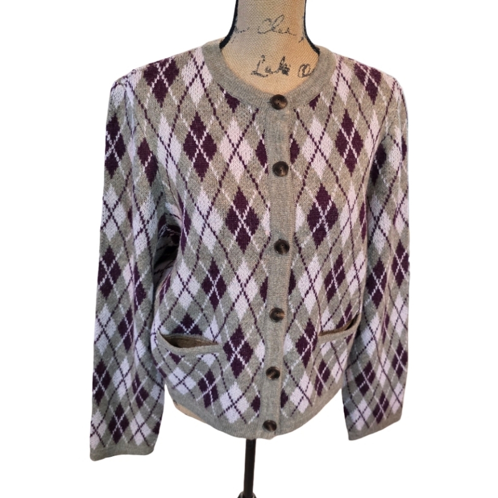 Rachel Zoe Argyle Button Front Cardigan Sweater Grey Purple White Womens Size M